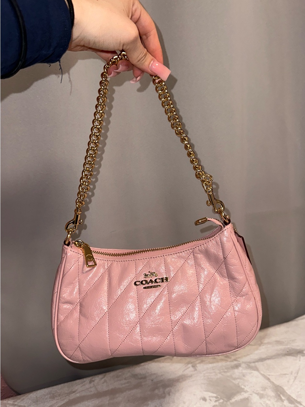 Coach Pink Quilted Leather Shoulder Bag with Gold Chain